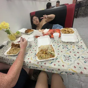 Chow mein, fried rice, fried noodles, coconut shrimp, orange chicken