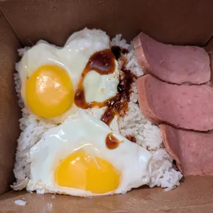 Loco moco with their bomb sauce, Sunnyside eggs