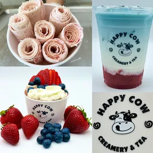 STRAWBERRY ROLL ICE CREAM with strawberry, blueberries, and whipped cream on top &amp; STRAWBERRY PURÉE MILK WITH BUTTERFLY TEA