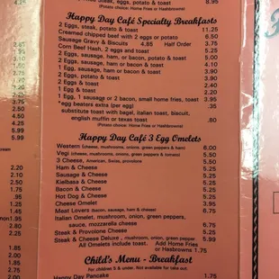 the menu and prices