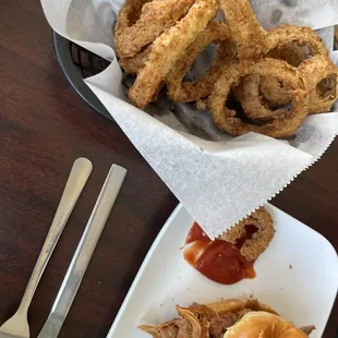 Pulled Pork Sandwich and Hand Battered Onion Rings
