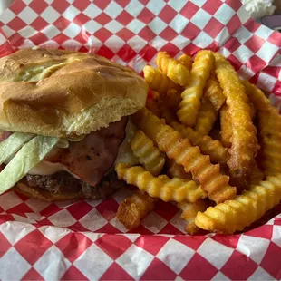 Blue Hawaii burger and crinkle cut fries