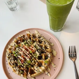 "Green Team" smoothie and veggie waffle!
