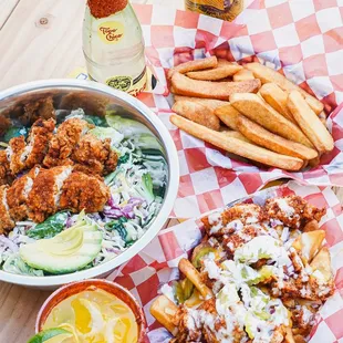 Always Sunny Salad, Steak Fries, Loaded Smiley Fries