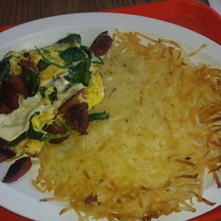 Hot link and spinach scramble with hella Hashbrowns