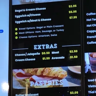 Breakfast Sandwiches and pasties prices Jan 2025