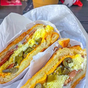 # 1: Breakfast Sando on Croissant with Double Bacon (instead of Bacon &amp; Ham), Egg, Cheese, Pickled Jalapeños. YUM!
