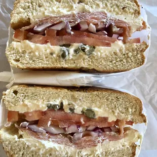 Sliced Nova Lox Sandwich on an everything bagel