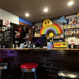  bar with stools in front of it