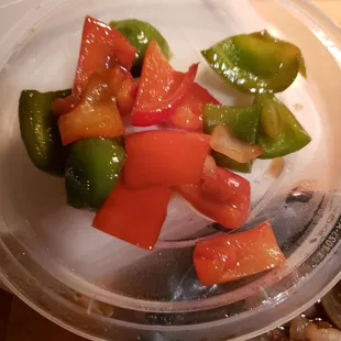 The photos are green peppers and carrots that were in the special instructions not to be in two dishes.