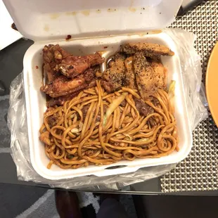 House Special Lo Mein with half hot braised and mild honey garlic wings