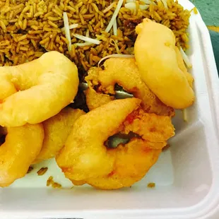 Sweet and sour shrimp with chicken fried rice and an egg roll - $7.75