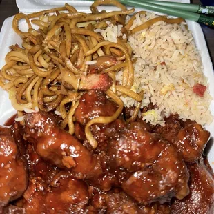 Orange chicken combination, chow mein &amp; fried rice