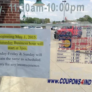 Hours, May 2015. Doesn&apos;t open until 3pm Saturdays.