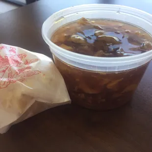 Hot and sour soup and wonton strips, part of the lunch special (which also includes an entree).