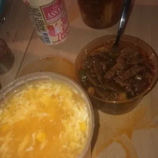 sliced beef in hot chili oil  Large egg flower soup