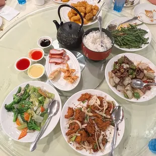 Shared plates. (Black Pepper Beef) Vegetable Lo Mein Green Bean Black Bean Sauce Orange Chicken