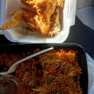 Shrimp fried rice and wings at the side