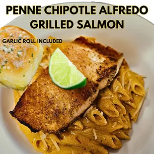 PENNE CHIPOTLE ALFREDO AND GRILLED SALMON
