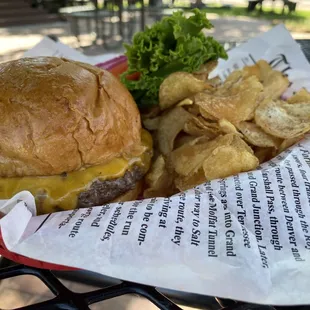 Scratch-made cheeseburger with kettle chips at the Happy Endings Caboose Cafe, next to the Royal Gorge Route Railroad.