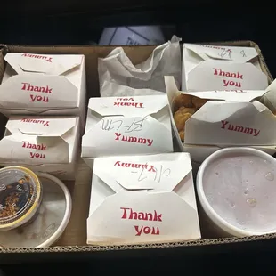 Beef Low mein, white rice on the house, wonton soup, egg rolls, orange chicken, king pao beef, chicken fried rice