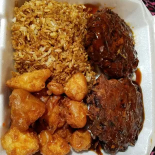 Lunch combo (pick three): double egg foo young and sweet and sour chicken