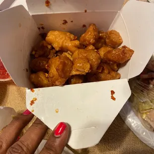 Orange  chicken. Does not have a hint of orange flavor in it.