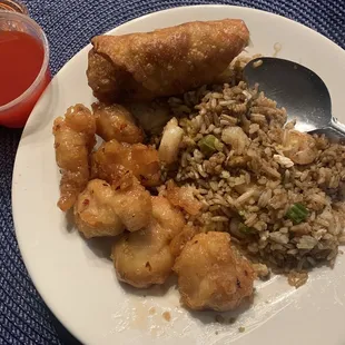 Orange chicken, shrimp fried rice, and egg roll.