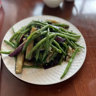 Green beans with garlic sauce. Chef threw in some delicious eggplant.