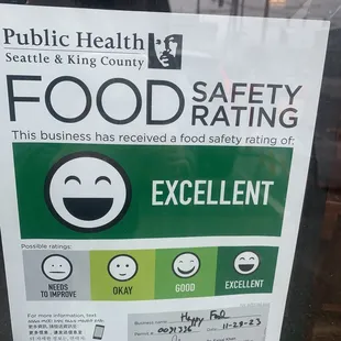 Excellent Food Safety Rating as of 12/21/23