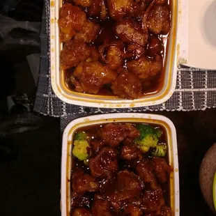 Happy Fortune orange chicken on bottom