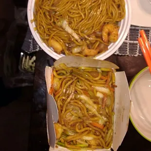 Happy Fortune shrimp lo mein on bottom