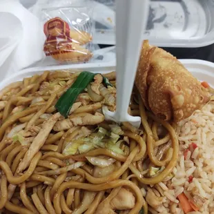 Chow mein combo with rice egg roll.