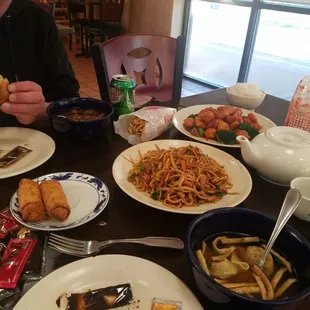 Lo mein with pork and orange chicken. Spent a little over twenty dollars and couldn't even fit all the food in the picture.