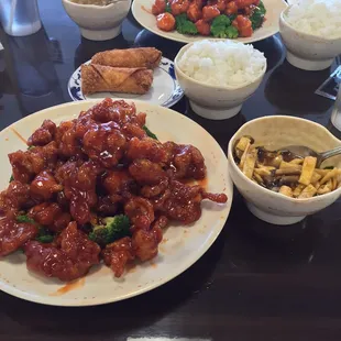 General Tso's Beef, orange Chicken, egg rolls, soup.