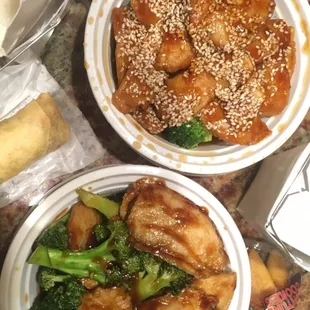Vegetarian "meat" vegetarian sesame chicken and vegetarian chicken with broccoli