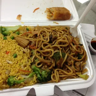 Veg lo mein lunch special with veg fried rice and spring roll