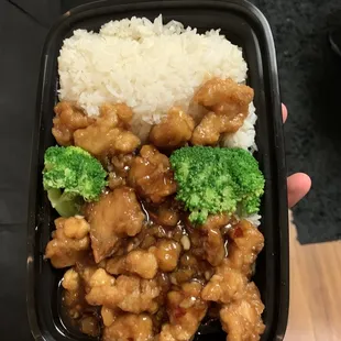 a hand holding a plastic container of chicken and broccoli