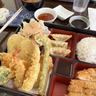 Chicken katsu bento box ; California roll