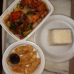 Tofu, White Rice and Fried Dumplings