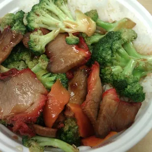 Lunch today!  Roast Pork with Broccoli and white rice.  Lunch special for 4.95 and comes with eggroll.