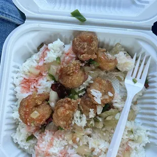 This was $16 , I ate 3 shrimp 1 bite of rice . This is crazy small &amp; it's basic steamed rice! $16 dollars