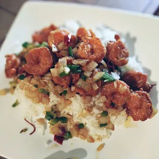 Salt and pepper shrimp over steamed rice ! a1