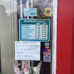 Hours. Not open on Monday, despite listing.