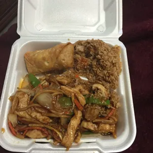 Szechuan chicken with fried rice and egg roll