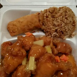 #7 combo: Sweet and Sour Chicken! Fried Rice and an egg roll.