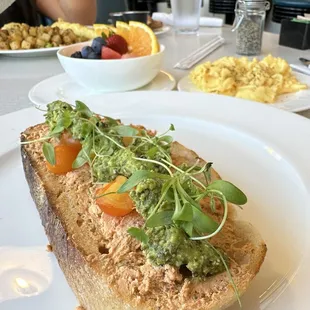 Goat cheese basil pesto toast