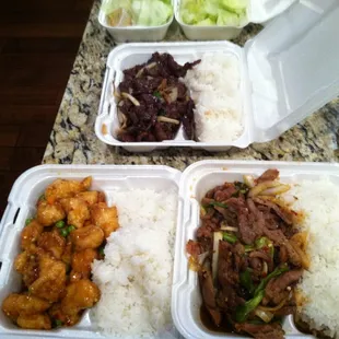 Mongolian beef, General tsaos, and spicy pork.