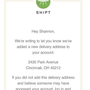 Email from Shipt notifying me of new address added to my account