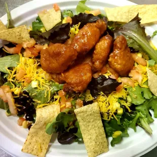 a salad with chicken and tortillas